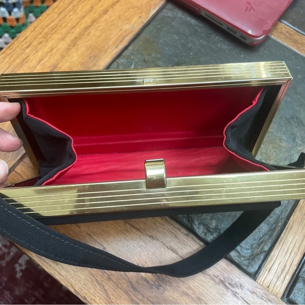 Vintage Black and Brass Box Purse Red Lining Hard Unique Hand Bag Clutch - Picture 5 of 7